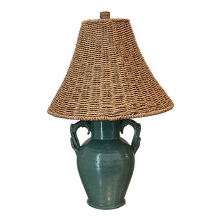 Antique French Country Glazed Terracotta Lamp With Woven Shade For Sale