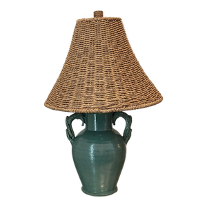 Antique French Country Glazed Terracotta Lamp With Woven Shade