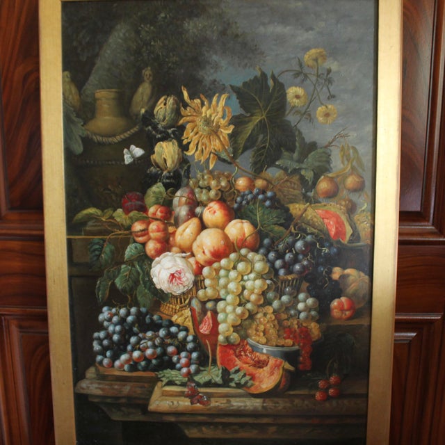 English Still Life Oil on Canvas Painting: Flowers and Fruit For Sale - Image 3 of 14