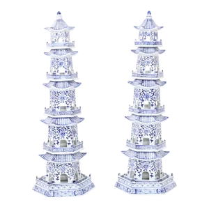 Pair of Blue and White Porcelain Pagoda Towers