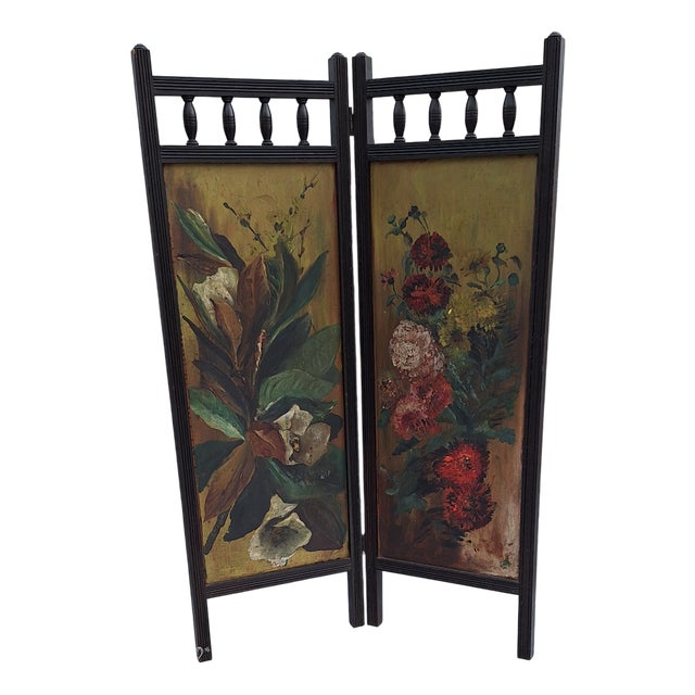 German Screen in Black Lacquered Beech Wood with Original Painting on the Inside, 1890s For Sale