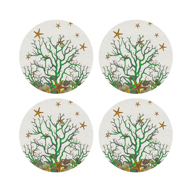 Coral Reef Vegan Leather Round Pebble Placemat White Green, Set of 4 For Sale - Image 4 of 5