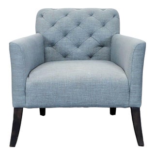 West Elm Elton Tufted Light Blue Lounge Chair With Dark Wood Legs For Sale