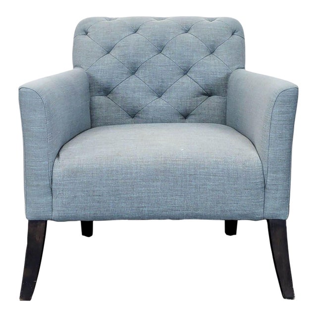 West Elm Elton Tufted Light Blue Lounge Chair With Dark Wood Legs For Sale