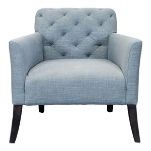 West Elm Elton Tufted Light Blue Lounge Chair With Dark Wood Legs