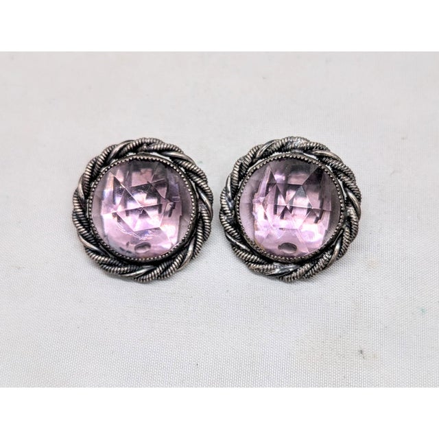 Mid-Century Modern Vintage 1950s Signed Napier Round Silvertone Faux-Amethyst Clip Earrings- 2 Pieces For Sale - Image 3 of 8