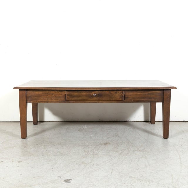 French Country Large 19th Century Rustic French Country Solid Walnut Coffee Table With Drawer For Sale - Image 3 of 12