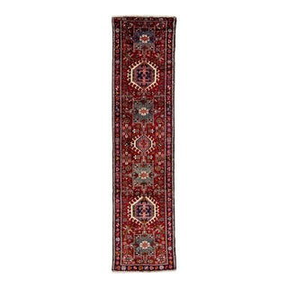 1960s Vintage Persian Heriz Red Handmade Medallion Wool Runner For Sale