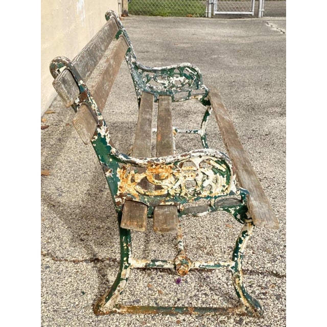 Antique English Victorian Cast Iron Wooden Slat Garden Seat Patio Park Bench For Sale - Image 4 of 12