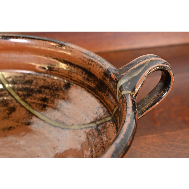 Large Painted Glazed Ceramic Studio Pottery Bowl With Handles From