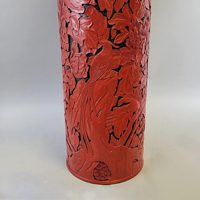 1980s Large Beijing Carved Red Cinnabar-Style Lacquer Floor Vase or Umbrella Stand With Peonies & Pheasant For Sale - Image 5 of 12