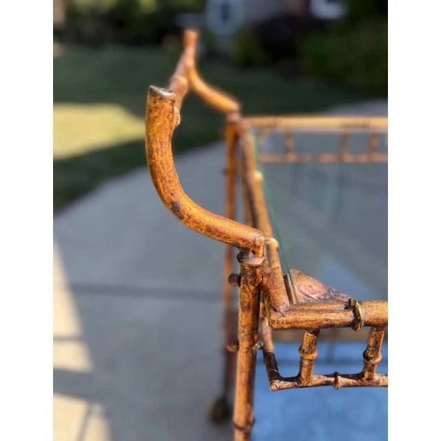 Metal Vintage Mid-Century Faux Bamboo Bar Cart | Hollywood Regency Gilt Metal & Glass Serving Trolley | Maison Baguès Style For Sale - Image 7 of 10
