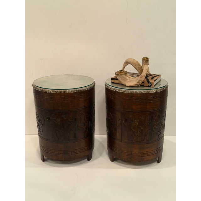 1960s Carved Wood Drum End Tables -a Pair For Sale - Image 5 of 13