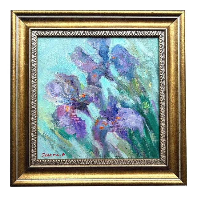 Framed Flower Blue-Violet Irises Original Painting by Artist Valeriya Serova For Sale