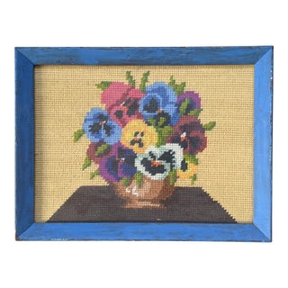 Vintage 1960s Needlepoint Cross Stitch Peony Floral Bouquet Textile Art For Sale