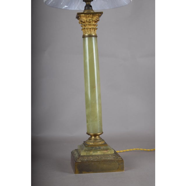 Gold Green Onyx Corinthian Column Table Lamp with Pleated Shade, 1930s For Sale - Image 8 of 17