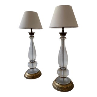 Vintage Pair of Frosted Glass Table Lamps With Brass Bases For Sale