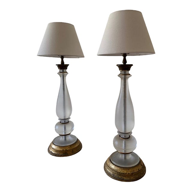 Vintage Pair of Frosted Glass Table Lamps With Brass Bases For Sale