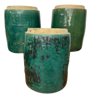 Round Green Glazed Storage Jars with Markings - Set of 3