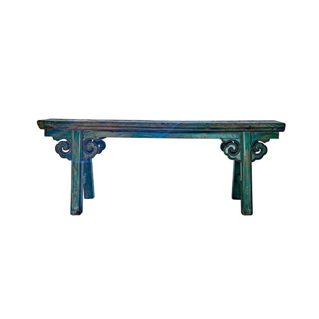 Rustic Distressed Brown Green Blue Village Slim Narrow Scroll Apron Wood Bench For Sale - Image 3 of 7
