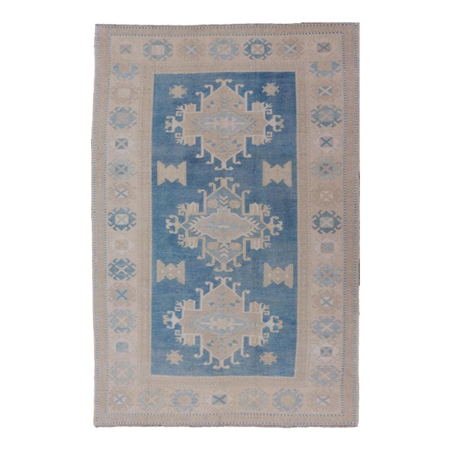 Turkish Oushak Rug With Geometric Medallion Design in Blue and Beige For Sale