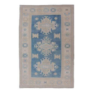 Turkish Oushak Rug With Geometric Medallion Design in Blue and Beige