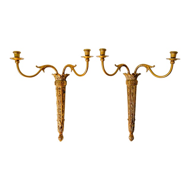 Pair of Vintage Neoclassical Double-Arm Wall Candle Sconces – Gold Gilt or Brass-Plated For Sale