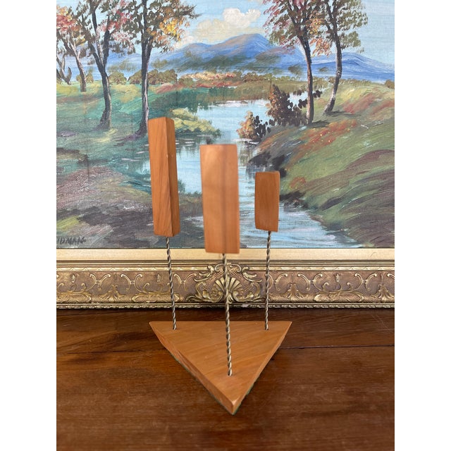 Early 21st Century Mid-Century Modern Possibly Teak and Twisted Metal Triple Candle Holder With Geometric Base For Sale - Image 5 of 10