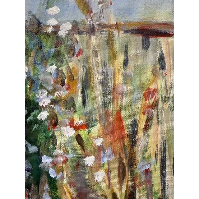 Textile Garden Landscape + Fence Acrylic on Canvas, Unknown Artist. For Sale - Image 7 of 12