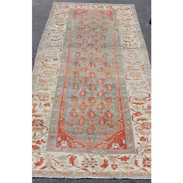 Red Antique Persian Malayer Gallery Rug With Blue Field and Red Boteh Design For Sale - Image 8 of 15