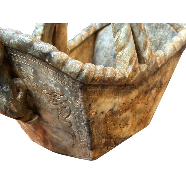 Chinese Stone Carved Basket With Mythical Beasts, Archaic Motifs , Braided Handle For Sale - Image 11 of 12