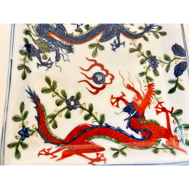 Vintage Chinese Porcelain Wucai Blue and Red Dragons Dish Catchall For Sale - Image 4 of 14