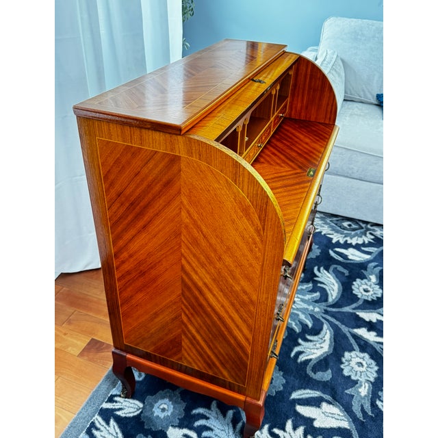 1970s Traditional Roll-Top Secretary Desk With Mother-of-Pearl Inlay Chair For Sale - Image 9 of 12