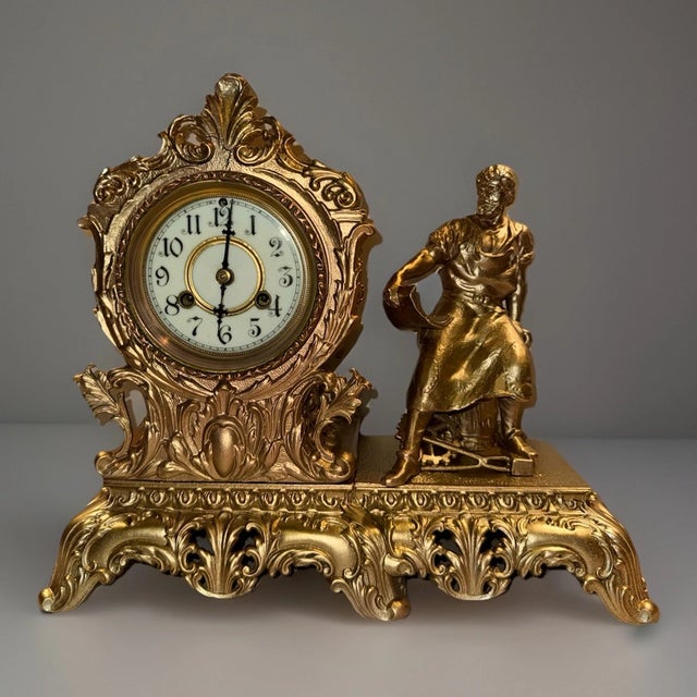 Metal Antique Figural Mantel Clock by Waterbury For Sale - Image 7 of 11
