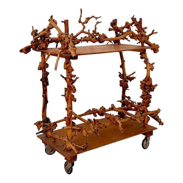 Mid-Century Bar Cart in Brown Burl, Plywood and Root Wood, 1960s For Sale