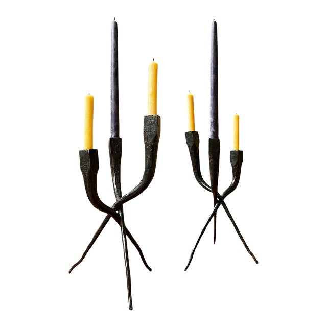 Mid 20th Century Pair of Iron Brutalist Candle Holders For Sale
