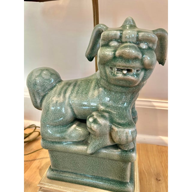Metal Vintage Celadon Crackle Glaze Chinoiserie Foo Dog Lamps - A Pair For Sale - Image 7 of 15