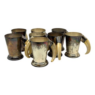 Early 20th Century P.H. Vogel Silverplate with Boar Tusk Handled Mugs - Set of 8 For Sale