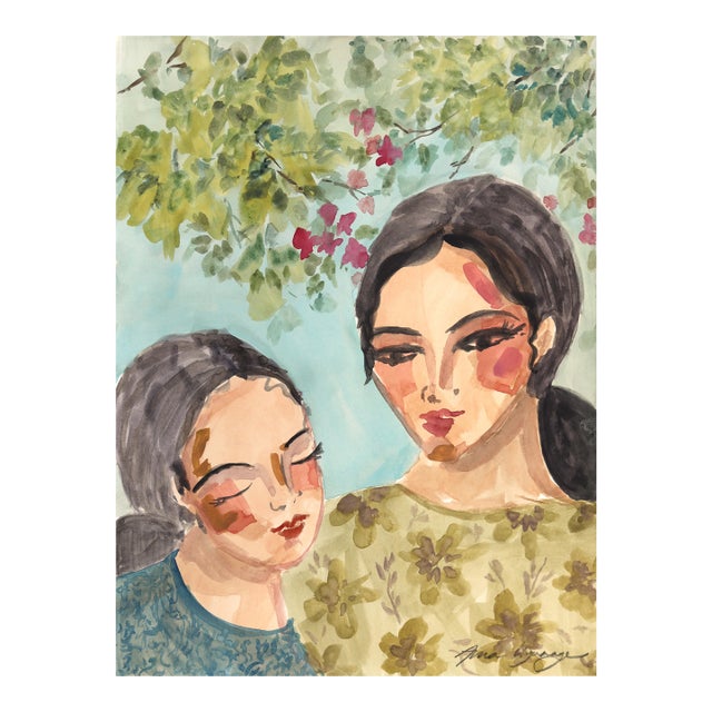 Sisterhood II - Figurative Women in Nature Watercolor Portrait Painting on Paper by Ama Liyanage For Sale