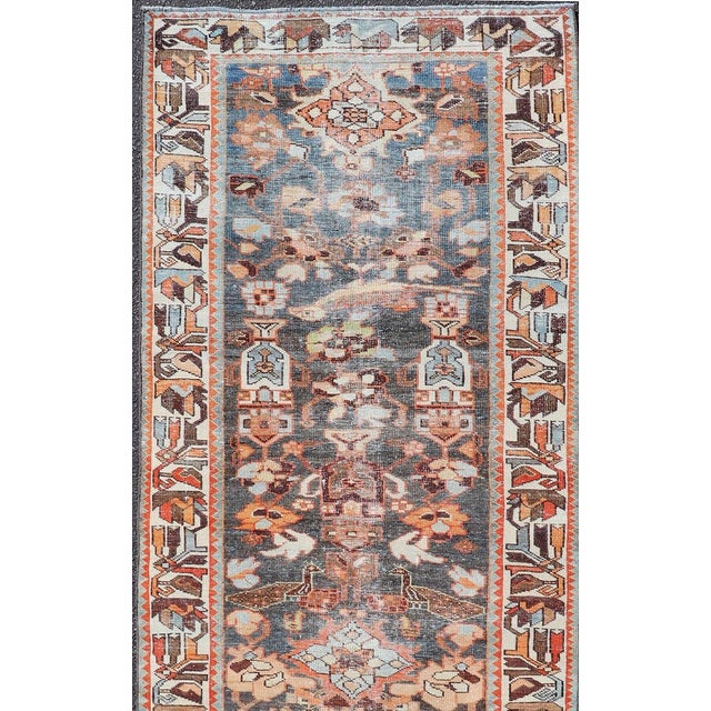 Antique Persian Hamedan Runner in All-Over Floral Design in Brown, Orange, Ivory. Keivan Woven Arts / rug EMB-22104-15102,...
