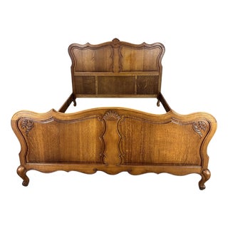 Vintage French Louis XVI Style Oak Double Bed Frame with Carved Headboard For Sale