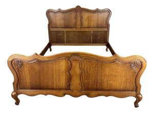 Vintage French Louis XVI Style Oak Double Bed Frame with Carved Headboard