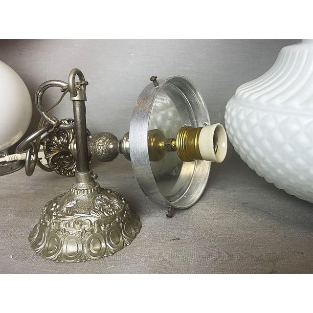 Silver Art Nouveau Style White Opaline Glass and Brass Chandelier, 1960s For Sale - Image 8 of 9