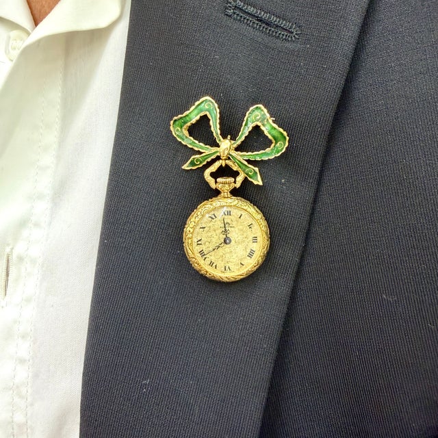 Ladies Art Nouveau Bucherer Lapel 18k Gold Enamel Bow Pin Vintage Pocket Watch For Sale - Image 11 of 11