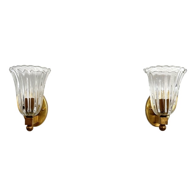 Vintage Italian Brass and Murano Glass Wall Sconces, 1990s, Set of 2 For Sale