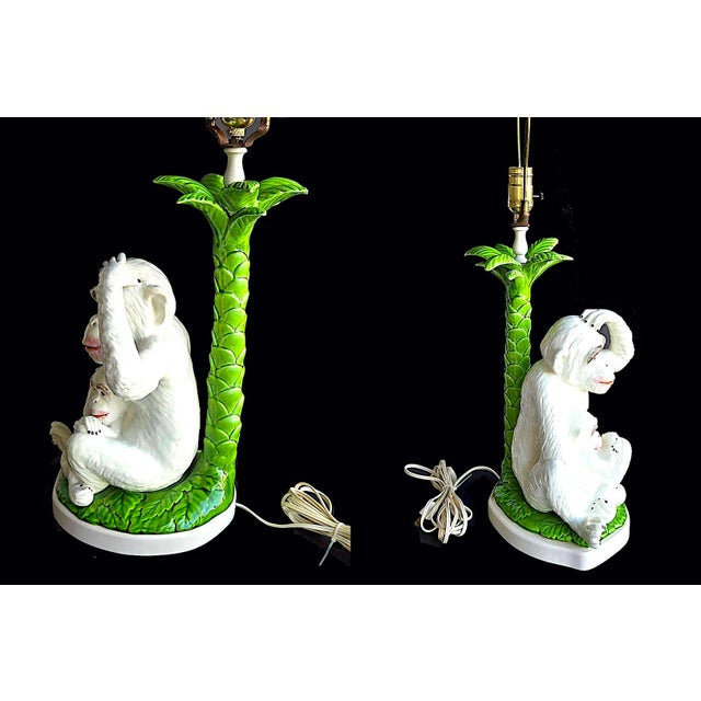 Mid-Century Modern Vintage Italian Majolica Monkeys With Palm Tree Table Lamp For Sale - Image 3 of 16