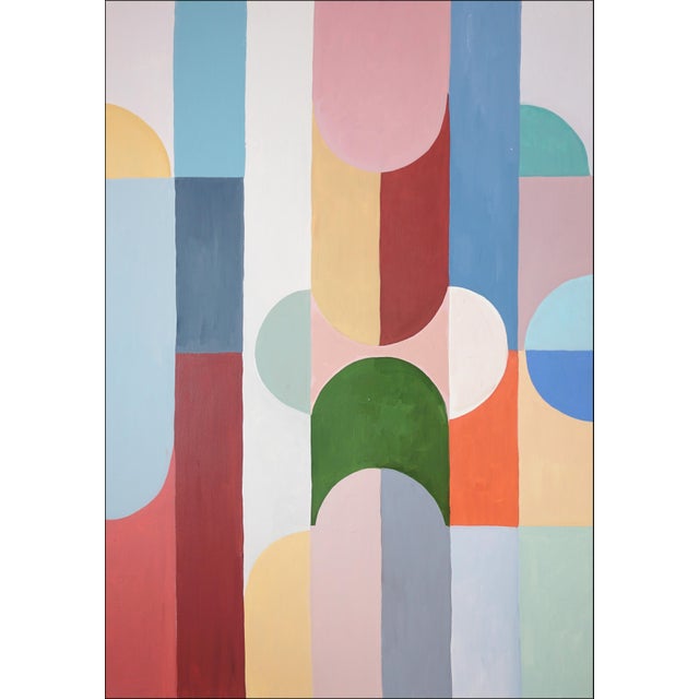 Art Deco 2026, Bauhaus Geometric Triptych Painting in Vivid Pastel Tones, Chromatic Deco Radiance, Acrylic Paint on Watercolor Paper For Sale - Image 3 of 11