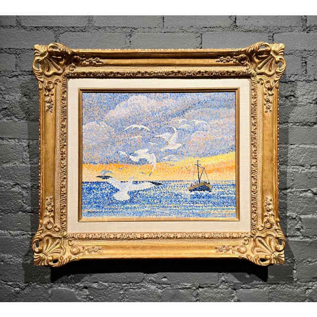 French Yvonne Canu –Seagulls at Sunset (Les Mouettes)- French Pointillist Seascape-Oil Painting For Sale - Image 3 of 12