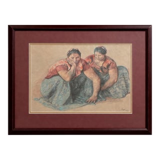 Title: After Francisco Zúñiga “Dos Juchitecas” Framed Figurative Art — DeVorzon Gallery 1973, Latin American Modernist Study For Sale