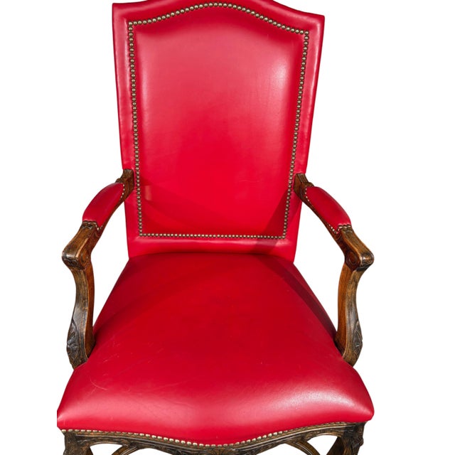 1980s Red Leather Louis XV Armchairs Set of 4 For Sale - Image 5 of 5